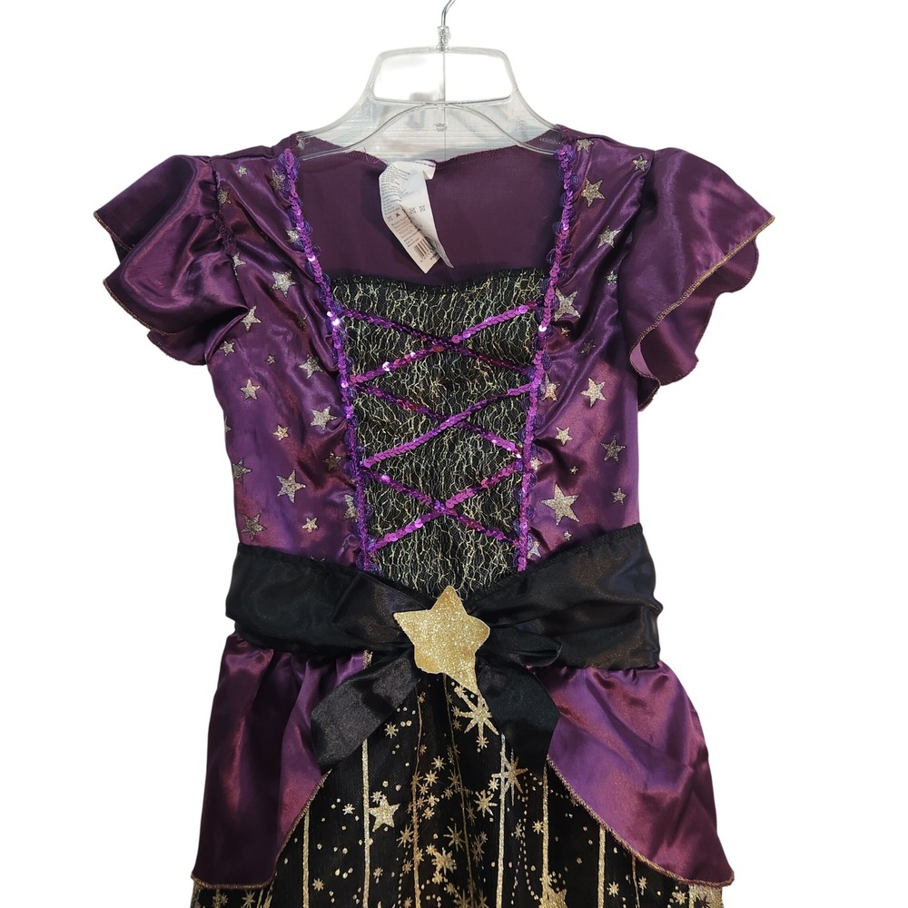 Girls Witch Costume Dress Purple Gold Stars Halloween Party Dress Up Sz L 10-12